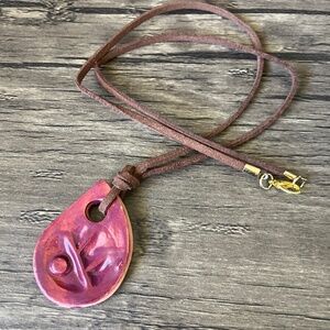 NWOT glazed ceramic brown and red botanical teardrop necklace pendant